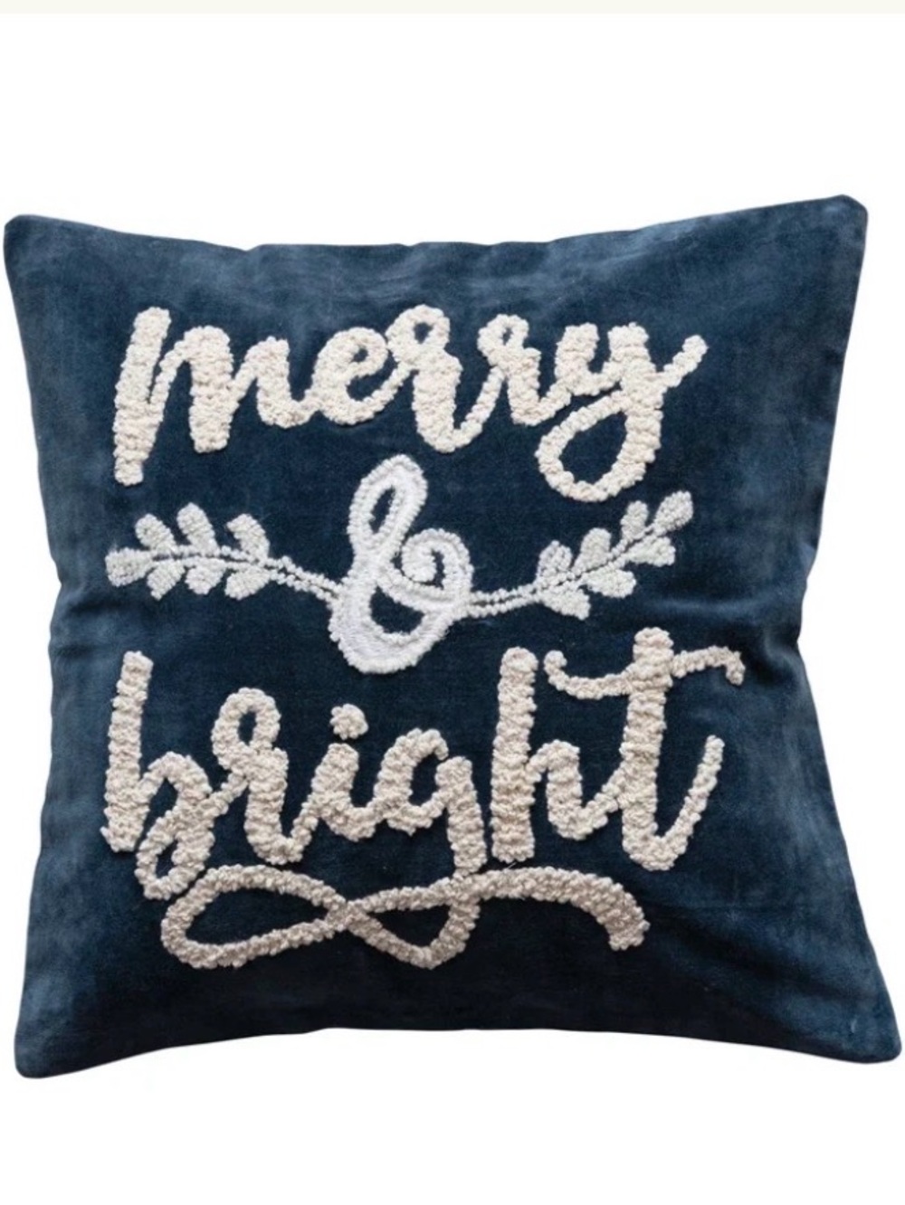 Velvet Pillow w/ Embroidered "Merry & Bright", Navy Color & White